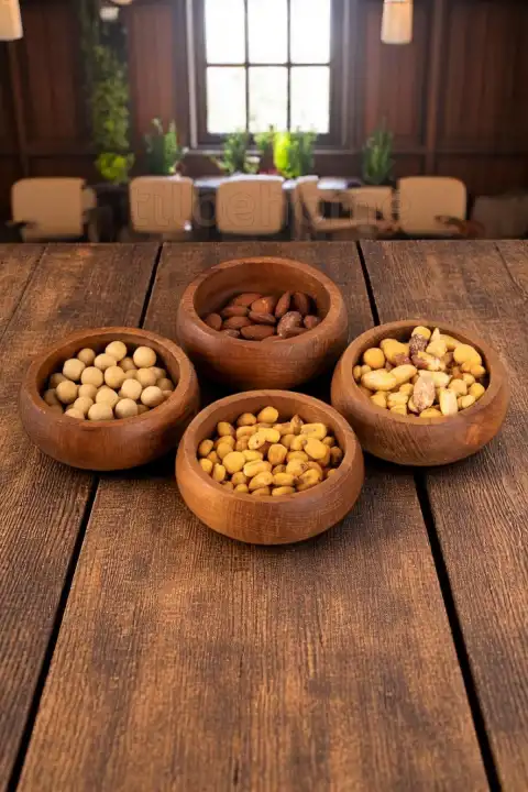 4lü Ahşap Kase Çerezlik Kuruyemiş Sunumluk Natural Sofra Sunum Kahvaltılık Kase Seti