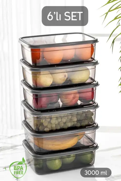 6lı Sızdırmaz Kapaklı Derin Dondurucuya Uygun Saklama Kabı Düzenleyici Gri Erzak Kabı Organizer 3Lt