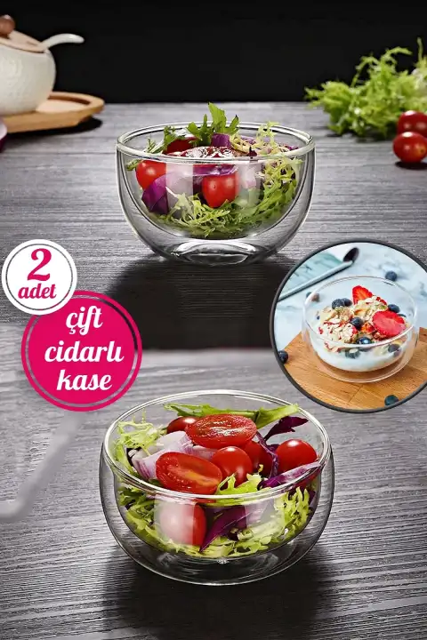 2li Çift Cidarlı Cam Kase 350 ml Isıya Dayanıklı Borosilikat Cam Kase Salata Tatlı Sunum Kasesi