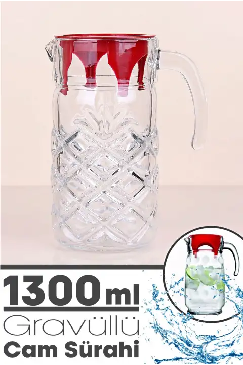 Ada Kristal Cam Sürahi Kapaklı Gravürlü 1300 ml. Extra Dayanıklı Cam Kulplu Sofra Meşrubat Sürahi