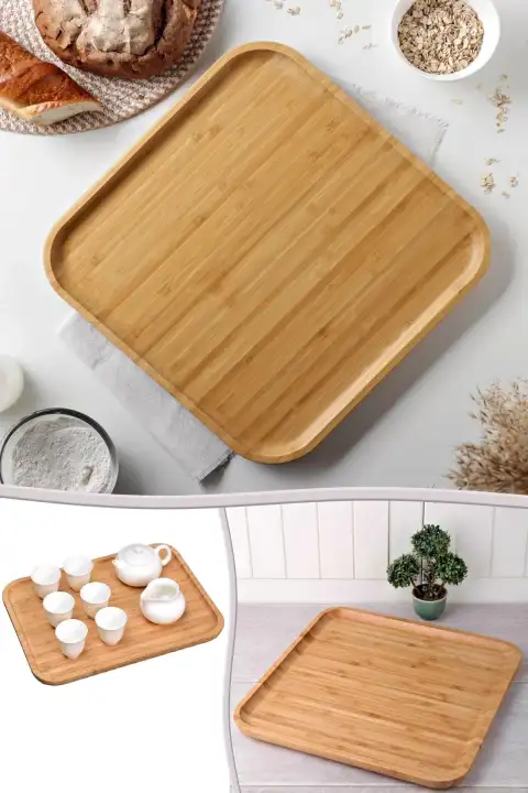 Büyük Lüx Doğal Ahşap Kare Pasta Servis Sunum Tepsi Dekoratif İkramlık Tabağı Sunumluk Tepsi