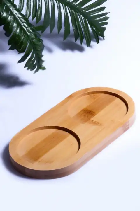 Bambu Ahşap Yağdanlık Standı Doğal 2 Bölmeli Yağdanlık Altlığı Oval Sıvı Sabun Altlığı