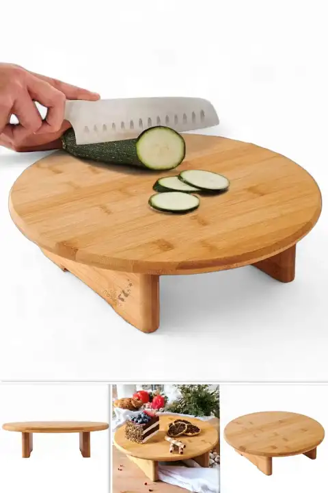 Bambu Ayaklı Yuvarlak Kesim Panosu Kesme Tahtası Yer Tepsisi Kahvaltı Çay Servis Sunum Keyif Tepsi