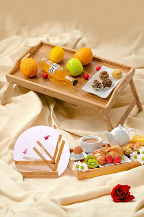 Lüx Bambu Katlanır Ayaklı Yatak Keyif Tepsisi Büyük Boy Portatif Kahvaltı Çay Servis Sunum Tepsi