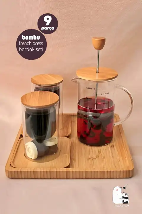 Bambu Series 9 Parça Frech Press Seti Bambu Tepsili Bitki Çayı Demliği Filtre Kahve Bardak Seti
