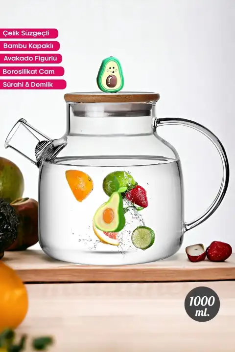 Avakado Figürlü Borosilikat Cam Demlik Çelik Süzgeçli Bambu Kapaklı Bitki Çayı Demliği 1lt