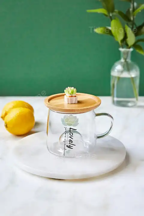 Bambu Kapaklı Sukulent Meyve Figürlü Cam Bardak Baskılı Meşrubat Kupası Termisil Çay Bardağı 280 ml.