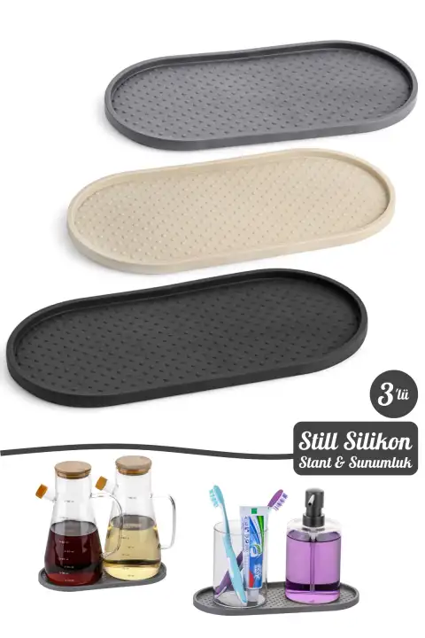 3 Adet Silikon Kaymaz Yağdanlık Altlığı Sabunluk Standı Sunum Tepsi Oval Çerezlik Stant 2 Bölmeli