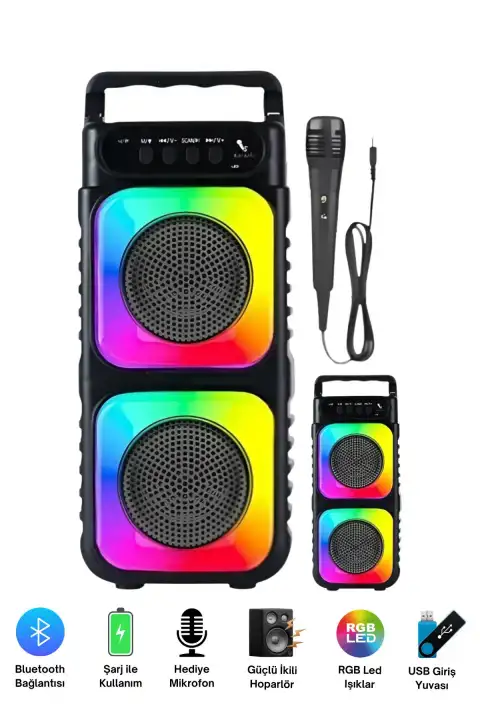 Superbass Mikrofonlu Bluetooth Hoparlör Rgb Led Işıklı Karaokeli Kablosuz Ses Bombası