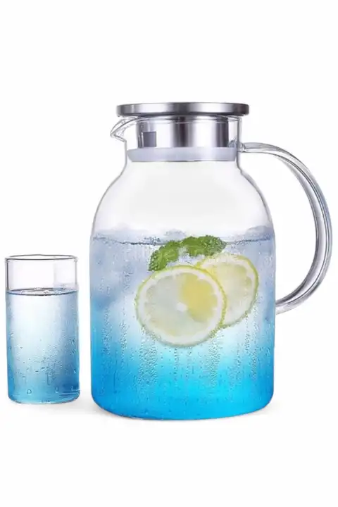 Borosilikat Cam Sürahi 1800ml Isıya Dayanıklı Metal Kapaklı Bitki Çayı Demliği Meşrubat Su Sürahisi