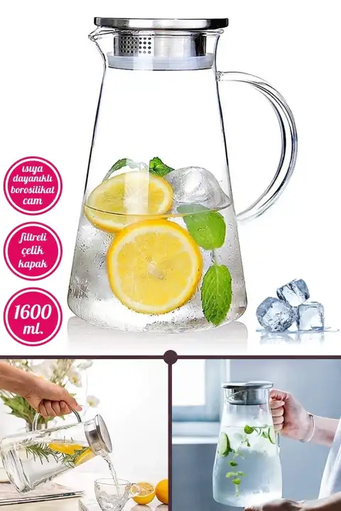 Borosilikat Cam Sürahi Karaf Cam Kulplu Metal Kapaklı Sıcak Soğuk Kokteyl Meşrubat Sürahisi 1600 ml