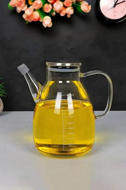 Borosilikat Tess Cam Yağdanlık 1000ml Zeytinyağı Sıvıyağ Şişesi Çelik Kapaklı Sosluk Yağdanlık