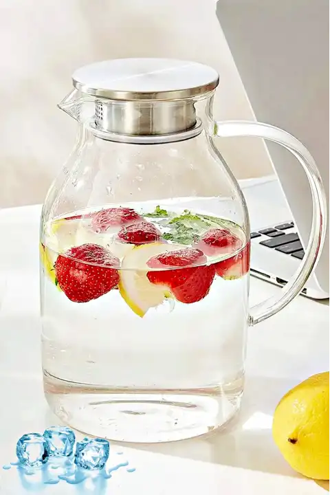 Borosilikat Cam Sürahi Modern Karaf Cam Kulplu Metal Kapaklı Sıcak Soğuk Kokteyl Meşrubat Sürahisi