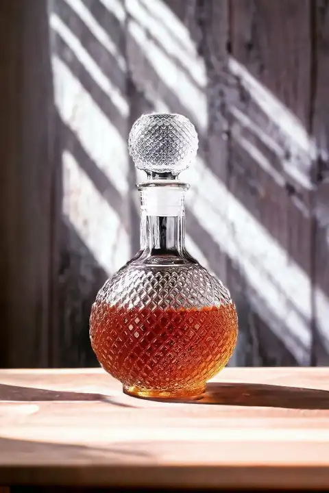 Cam Karaf Sürahi Su Meşrubat Kokteyl Topuz Kapaklı Sürahi Dekor Kristal Kesme Karaf İçki Şişesi