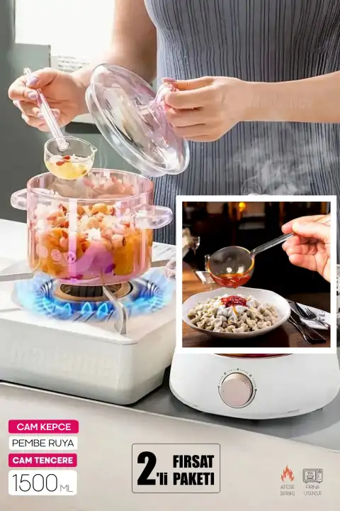Cam Kepçeli Pembe Cam Tencere 1500cc Isıya Dayanıklı Borosilikat 2li Cam Set Termisil Ocak Üstü