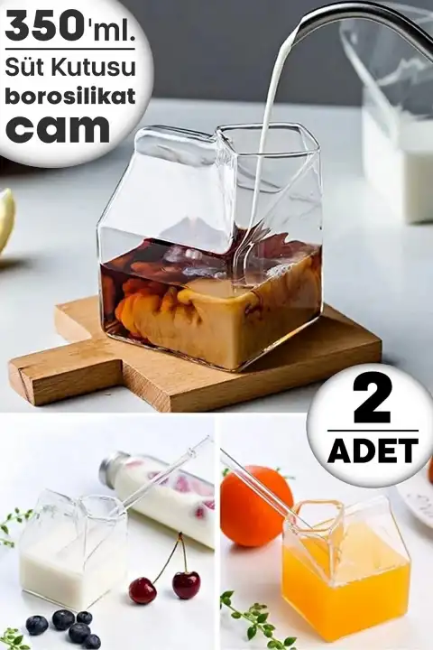 2li Cam Süt Kutusu Meşrubat Kahve Kahvaltı Sunum Bardağı Borosilikat Termisil Şekilli Kutu Bardak