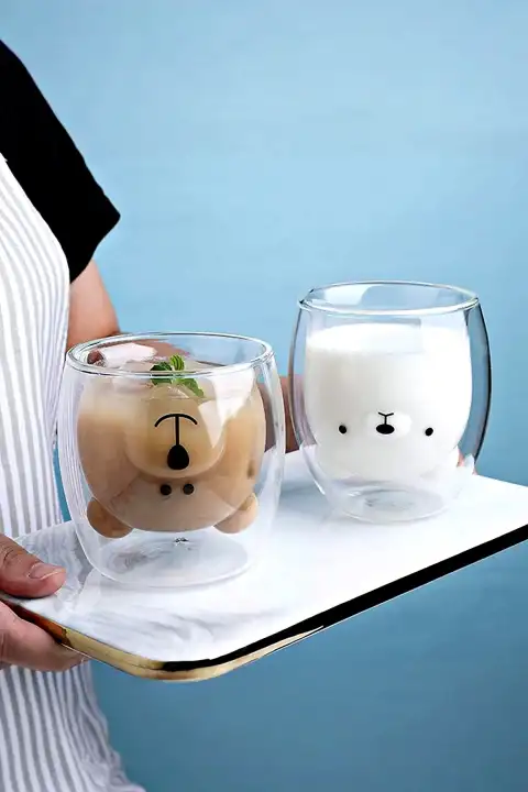 2li Çift Camlı Cidarlı Sevimli Ayıcık Süt Çay Kahve Su Kupa Bardağı 250ml Ev Ofis Isı Yalıtımlı Bardak