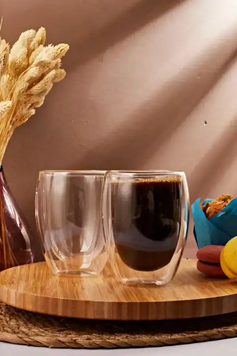 Çift Cidarlı Bardak 350 ml Ev Ofis Çay Fincanı Kahve Sunum Bardağı Dayanıklı Kupa Cam Bardak