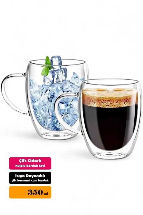 Çift Cidarlı Bardak Kupa 350 ml Ev Ofis Espresso Kahve Çay Fincanı Kulplu Cam Bardak