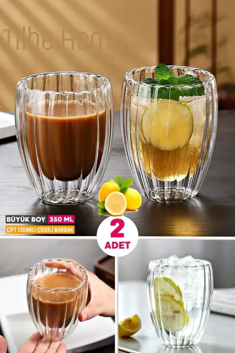 2li Çift Cidarlı Burgulu Kristal Cam Bardağı Çay Süt Kahve Kupası Sıcak & Soğuk İçecek Bardak Seti