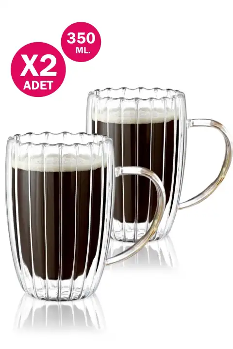 2li Çift Cidarlı 350 ml Kulplu Isıya Dayanıklı Cam Bardak Burgulu Çay Süt Kahve Kupası Bardağı Set