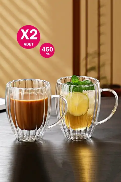 2li Çift Cidarlı 450 ml Kulplu Isıya Dayanıklı Cam Bardak Burgulu Çay Süt Kahve Kupası Bardağı Set