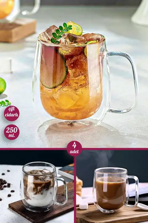 4lü Çift Cidarlı Bardak 250 ml Ev Ofis Çay Fincanı Kahve Sunum Bardağı Dayanıklı Kupa Cam Bardak