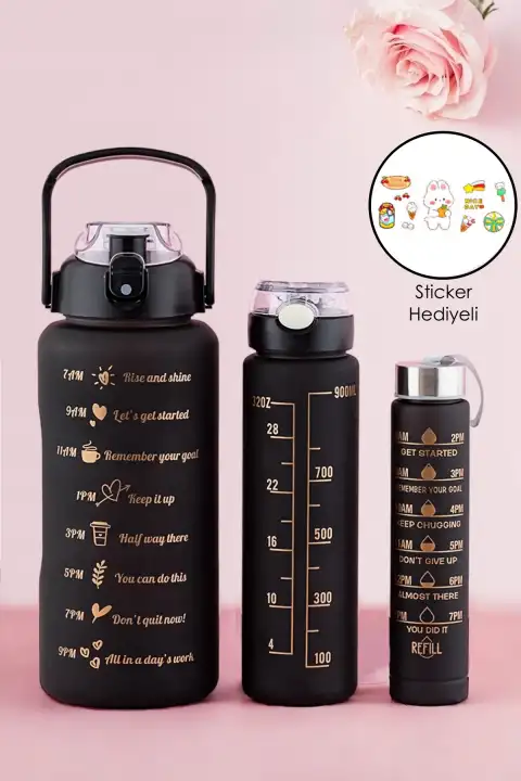 3lü Motivasyon Kokusuz Stickerlı Spor Suluk Matara Pipetli Taşınabilir Siyah Renkli Su Şişesi Seti