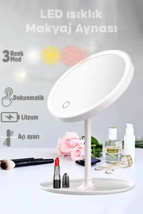 LED Işıklı Dokunmatik USB Masaüstü Yuvarlak Makyaj Aynası 3 Renkli Işıklı Ayarlanabilir Still Ayna