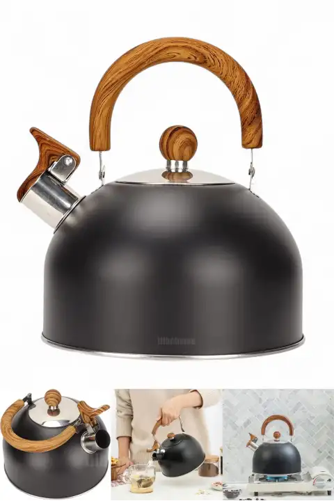 Düdüklü Çaydanlık Ahşap İskandinav Su Isıtıcı Islık Çalan Çaydanlık Kettle Demlik Çay Potu 2 Litre