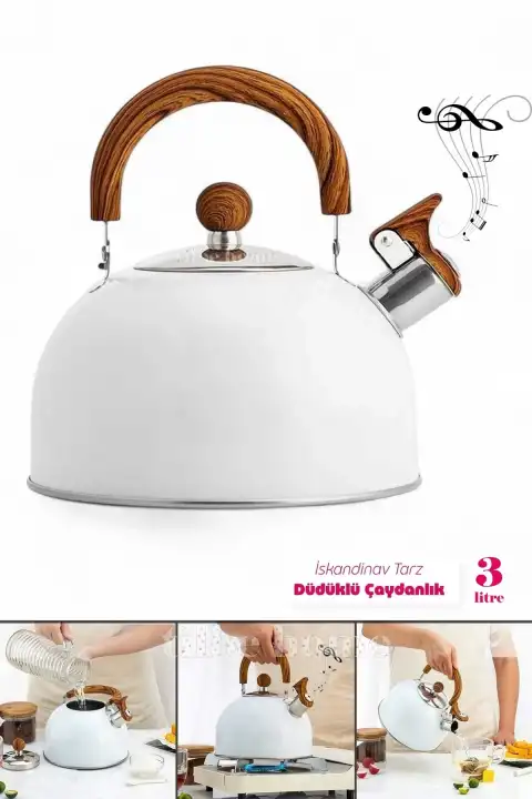3 Litre Düdüklü Çaydanlık İskandinav Ahşap Su Isıtıcı Islık Çalan Çaydanlık Kettle Demlik Çay Potu