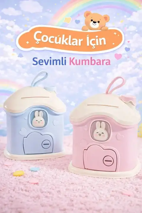 2li Büyük Boy Kawai Ev Tasarımlı Kilitli Çocuk Kumbarası Sevimli Bacalı Ev Kumbara Sticker Hediye