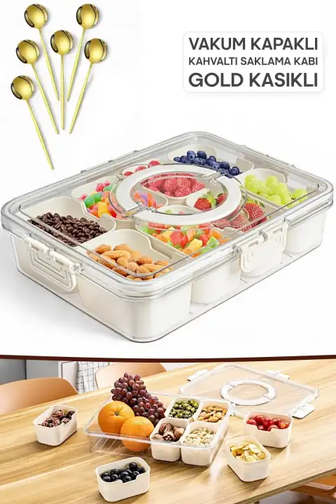 Gold Kaşıklı Kahvaltılık Saklama Kabı Organizer Kilit Kapaklı 8 Bölmeli Taşınabilir Piknik Seti