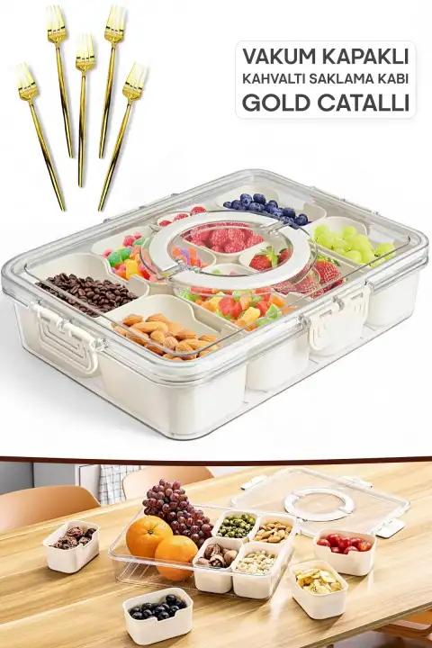 Kahvaltılık Saklama Kabı Organizer Kilit Kapaklı 8 Bölmeli Taşınabilir Piknik Gold Çatallı Seti