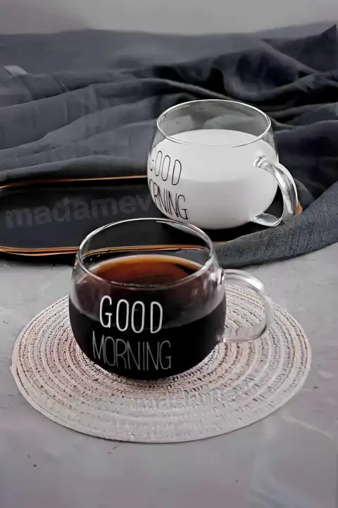 Good Morning Kupa Cam Bardak Isıya Dayanıklı Kulplu Stil Kahve Sunum Kahvaltı Süt Bardağı 350ml