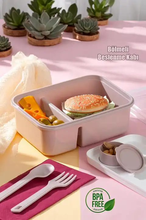 Kendinden Kaşık Çatallı Sosluklu Bölmeli Beslenme Kabı - Taşınabilir Lunch Box Soft