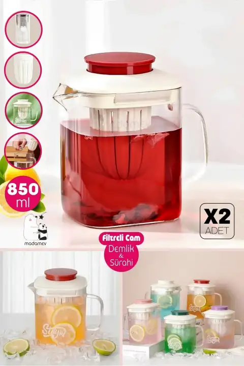 2li Isıya Dayanıklı Borosilikat Cam Demlik Çelik Filtreli Bitki Çayı Demliği & Kulplu Sürahi 850ml