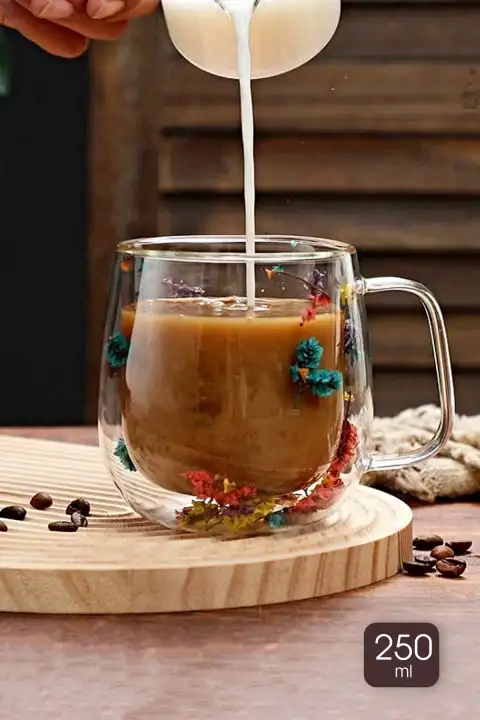 Çiçekli Çift Cidarlı Kulplu Bardak Handmade El Yapımı Flower Cup Kahve Sunum Meşrubat Bardağı 250ml