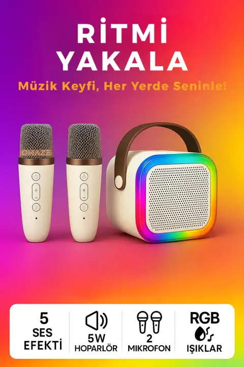 Kablosuz Bluetooth Hoparlör ve Karaoke 2 Mikrofon 5 Ses Efekti RGB HD Ses Bombası USB SD FM Radyo