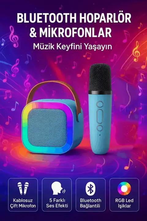 Kablosuz Bluetooth Hoparlör ve Karaoke Mikrofon K12 – 5 Ses Efekti, RGB Işık, HD Ses Bombası, USB SD FM Radyo