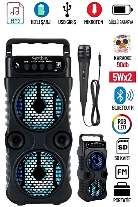 Bluetooth Hoparlör Mikrofonlu Ekstra Bass Parti Hoparlörü Işıklı Ses Bombası FM Radyo USB SD Girişli