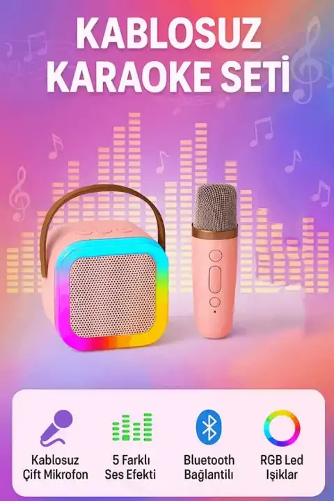Kablosuz Bluetooth Hoparlör ve Karaoke Mikrofon 5 Ses Efekti RGB HD Ses Bombası USB SD FM Radyo