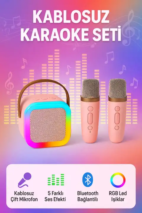 Kablosuz Bluetooth Hoparlör ve Karaoke 2 Mikrofon 5 Ses Efekti RGB HD Ses Bombası USB SD FM Radyo