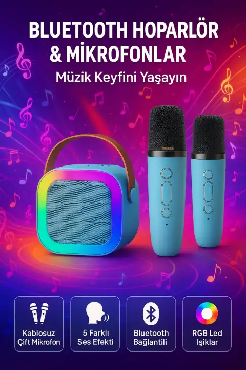 Kablosuz Bluetooth Hoparlör ve Karaoke 2 Mikrofon 5 Ses Efekti, RGB Işık, HD Ses Bombası, USB SD FM Radyo