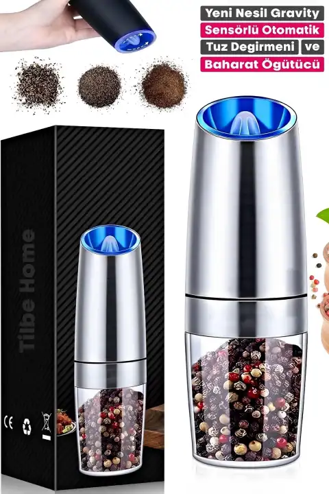 Sensörlü Gravity Otomatik Baharat Öğütücü Seramik Bıçaklı LED Işıklı 5 Kademeli Tuz Değirmeni