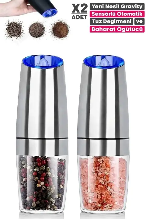 Yeni Nesil Gravity Krom Baharat Öğütücü İndüksiyon Tuz Değirmeni Seramik Bıçaklı LED Işık 5 Kademe