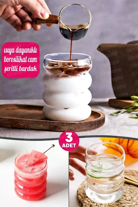 3lü Isıya Dayanıklı Borosilikat Şeritli Cam Bardak Dalgalı Kahve Sunum Meşrubat Bardağı 300 ml