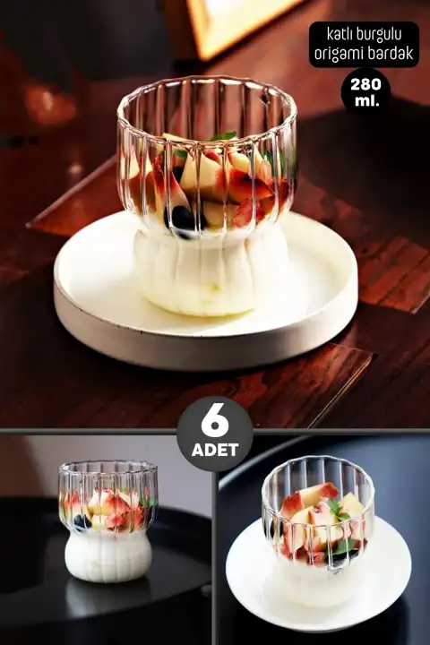6lı Katlı Şeritli Burgu Bardak Kahve Sunum Kokteyl Meşrubat Bardağı Origami Borosilikat Cam Bardak