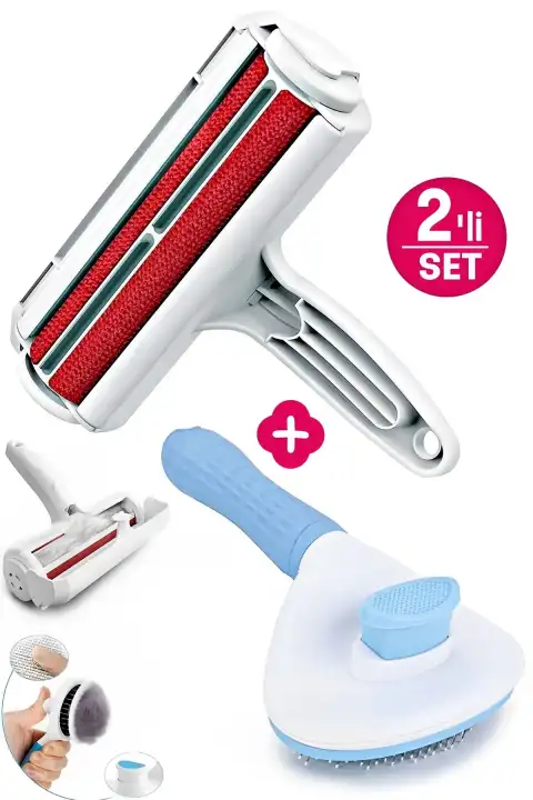 2li Kedi Fırça ve Tarağı Kıl Tüy Toplayıcı Tiftik Tarak +  Hazneli Kıl Toz Toplayıcı Temizleyici 04