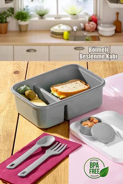 Kendinden Kaşık Çatallı Sosluklu Bölmeli Beslenme Kabı - Taşınabilir Lunch Box Color